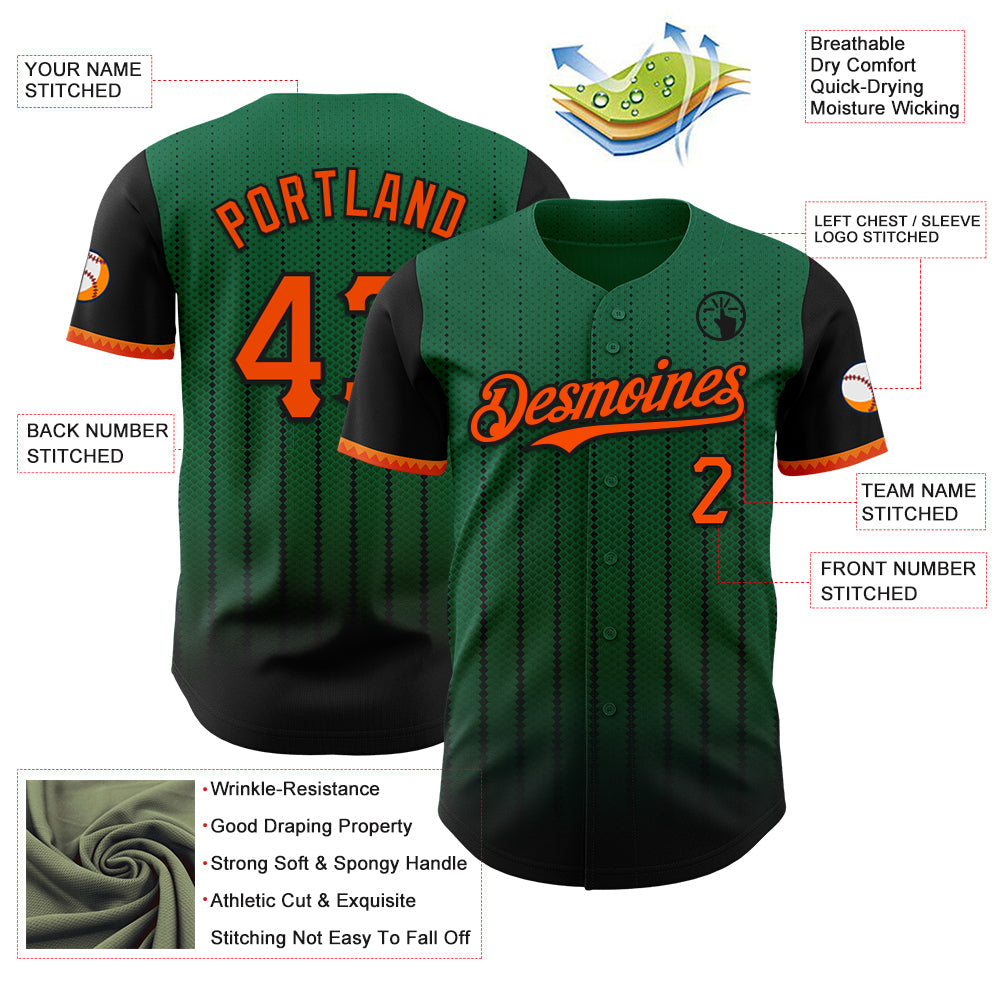 Custom Kelly Green Orange-Black 3D Pattern Design Gradient Geometric Shape Authentic Baseball Jersey - Sky-Custom