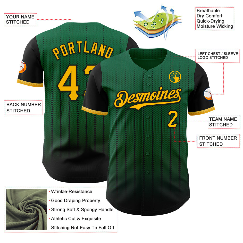 Custom Kelly Green Gold-Black 3D Pattern Design Gradient Geometric Shape Authentic Baseball Jersey - Sky-Custom