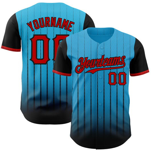 Custom Sky Blue Red-Black 3D Pattern Design Gradient Geometric Shape Authentic Baseball Jersey - Sky-Custom