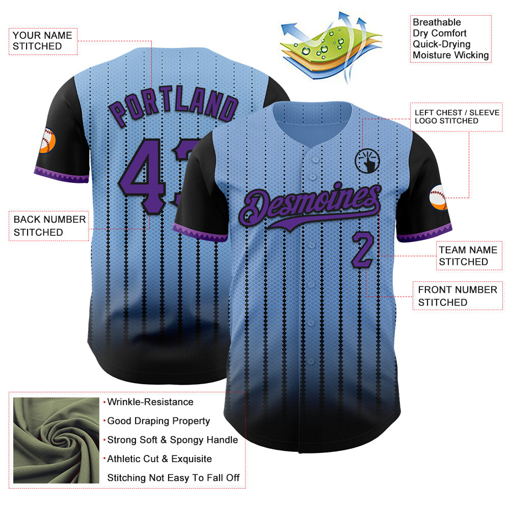 Custom Light Blue Purple-Black 3D Pattern Design Gradient Geometric Shape Authentic Baseball Jersey - Sky-Custom
