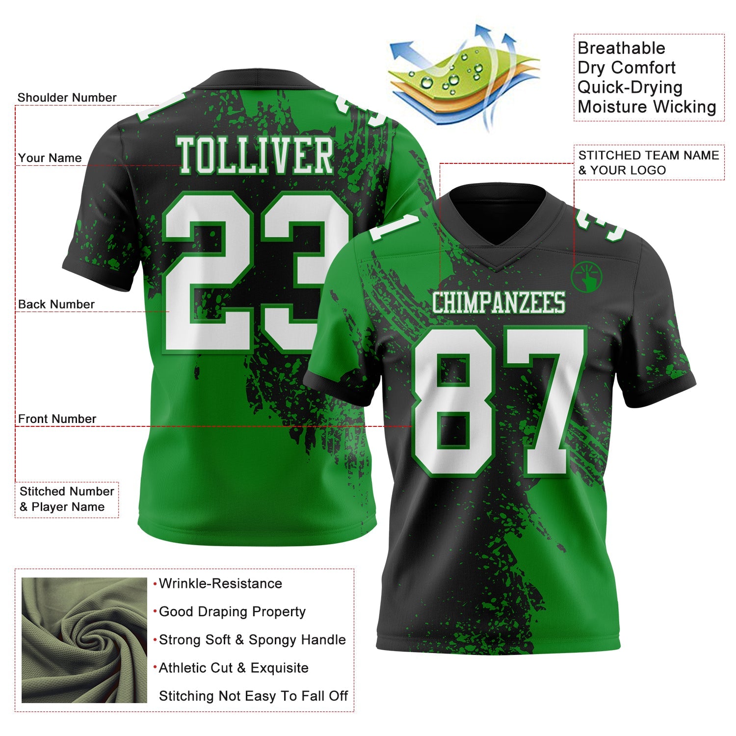 Custom Black White-Grass Green 3D Pattern Abstract Brush Stroke Mesh Authentic Football Jersey - Sky-Custom