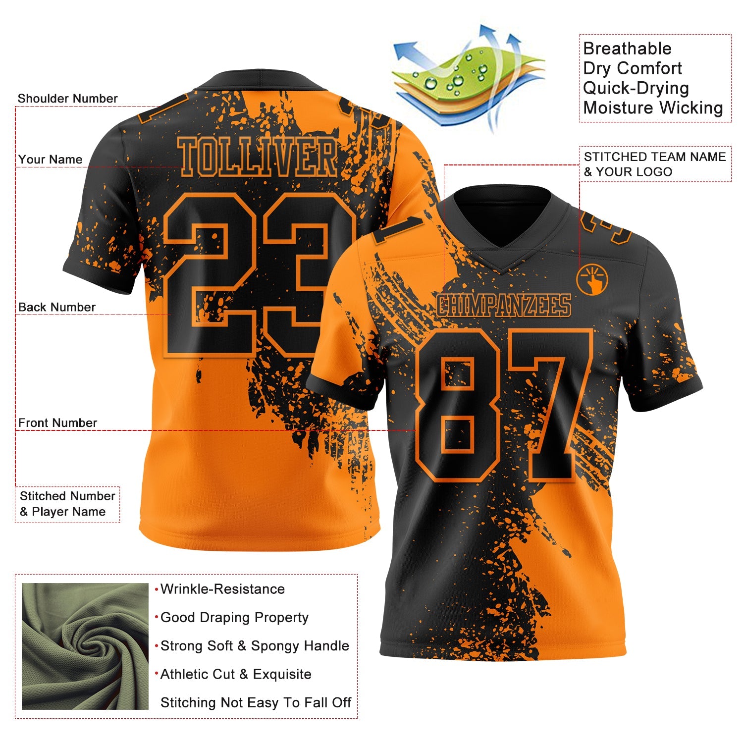 Custom Black Bay Orange 3D Pattern Abstract Brush Stroke Mesh Authentic Football Jersey - Sky-Custom