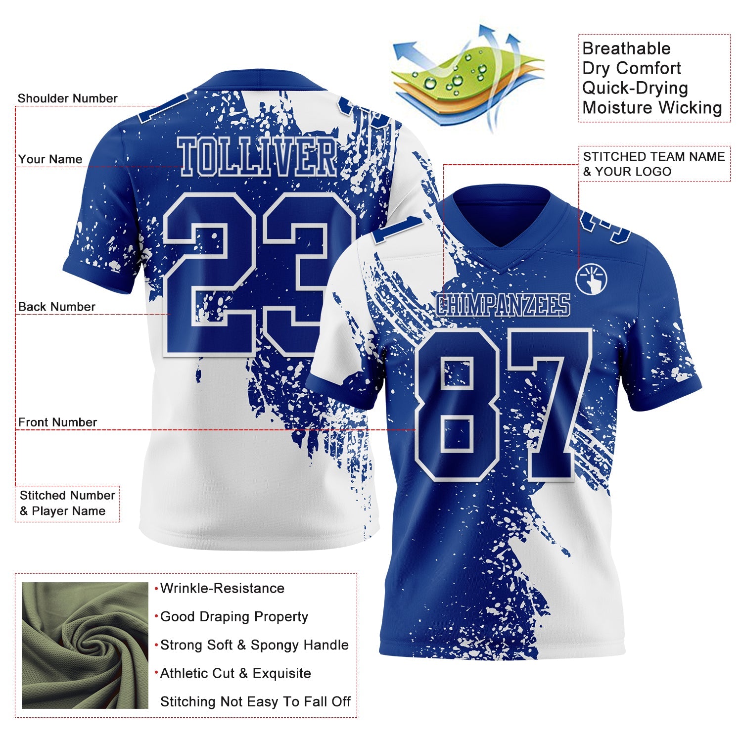 Custom Royal White 3D Pattern Abstract Brush Stroke Mesh Authentic Football Jersey - Sky-Custom