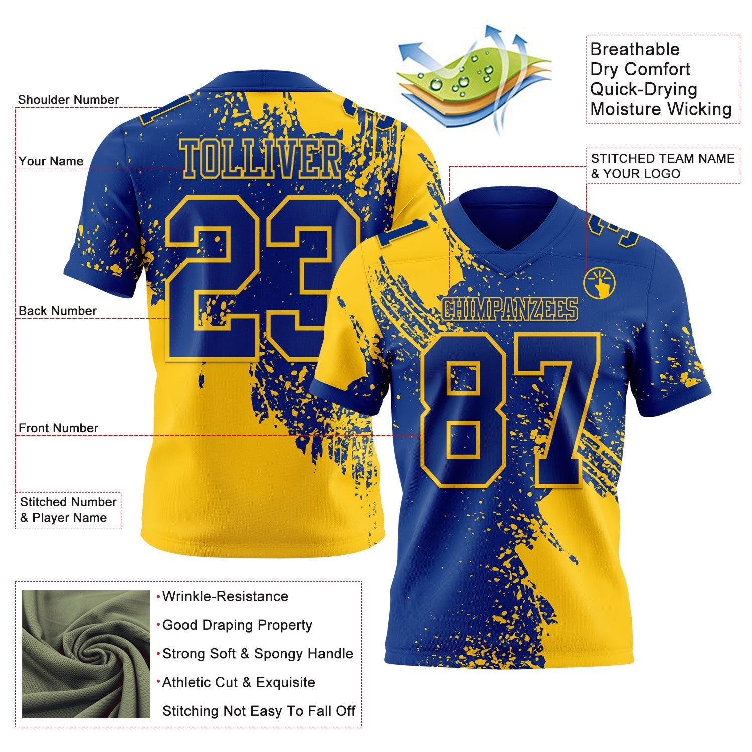 Custom Royal Yellow 3D Pattern Abstract Brush Stroke Mesh Authentic Football Jersey - Sky-Custom