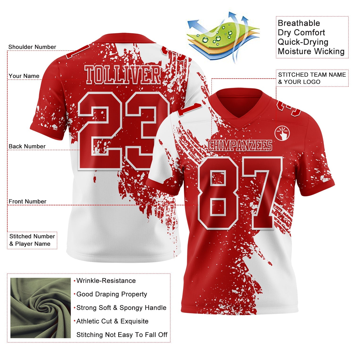 Custom Red White 3D Pattern Abstract Brush Stroke Mesh Authentic Football Jersey - Sky-Custom