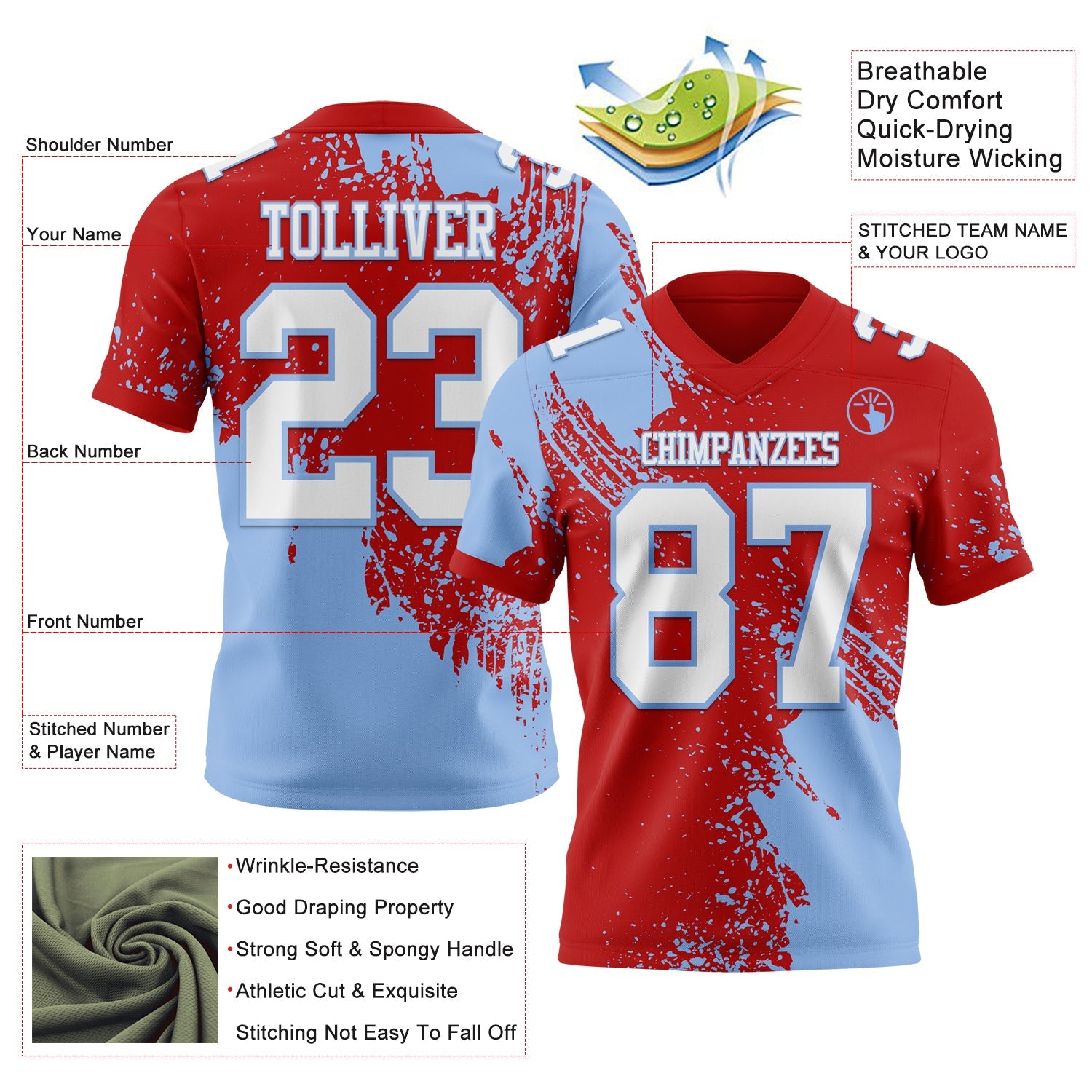 Custom Red White-Light Blue 3D Pattern Abstract Brush Stroke Mesh Authentic Football Jersey - Sky-Custom