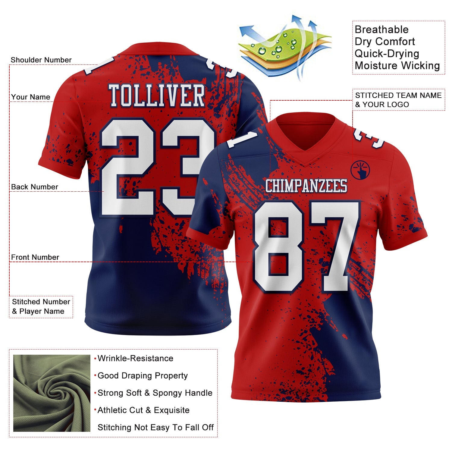 Custom Red White-Navy 3D Pattern Abstract Brush Stroke Mesh Authentic Football Jersey - Sky-Custom