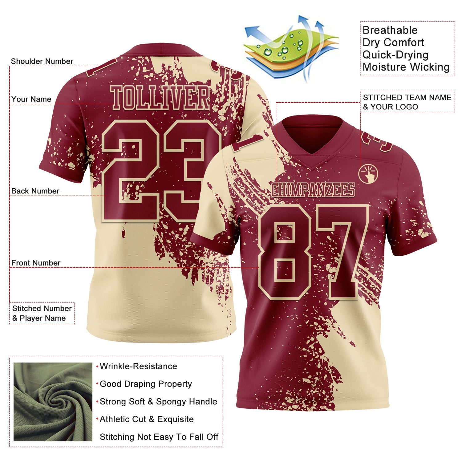 Custom Crimson Cream 3D Pattern Abstract Brush Stroke Mesh Authentic Football Jersey - Sky-Custom