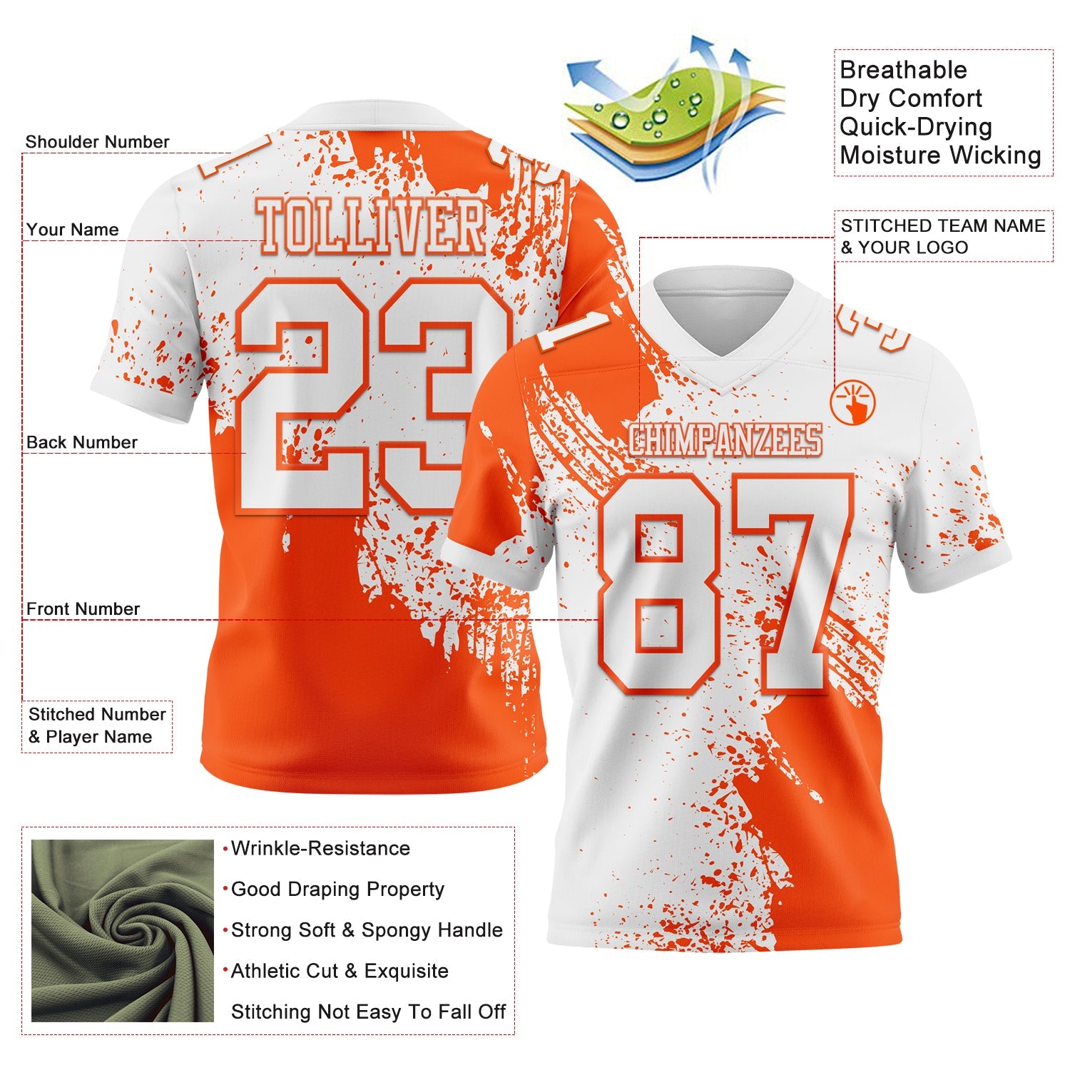 Custom White Orange 3D Pattern Abstract Brush Stroke Mesh Authentic Football Jersey - Sky-Custom
