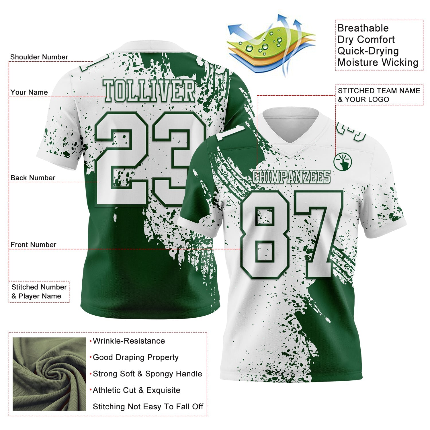 Custom White Green 3D Pattern Abstract Brush Stroke Mesh Authentic Football Jersey - Sky-Custom