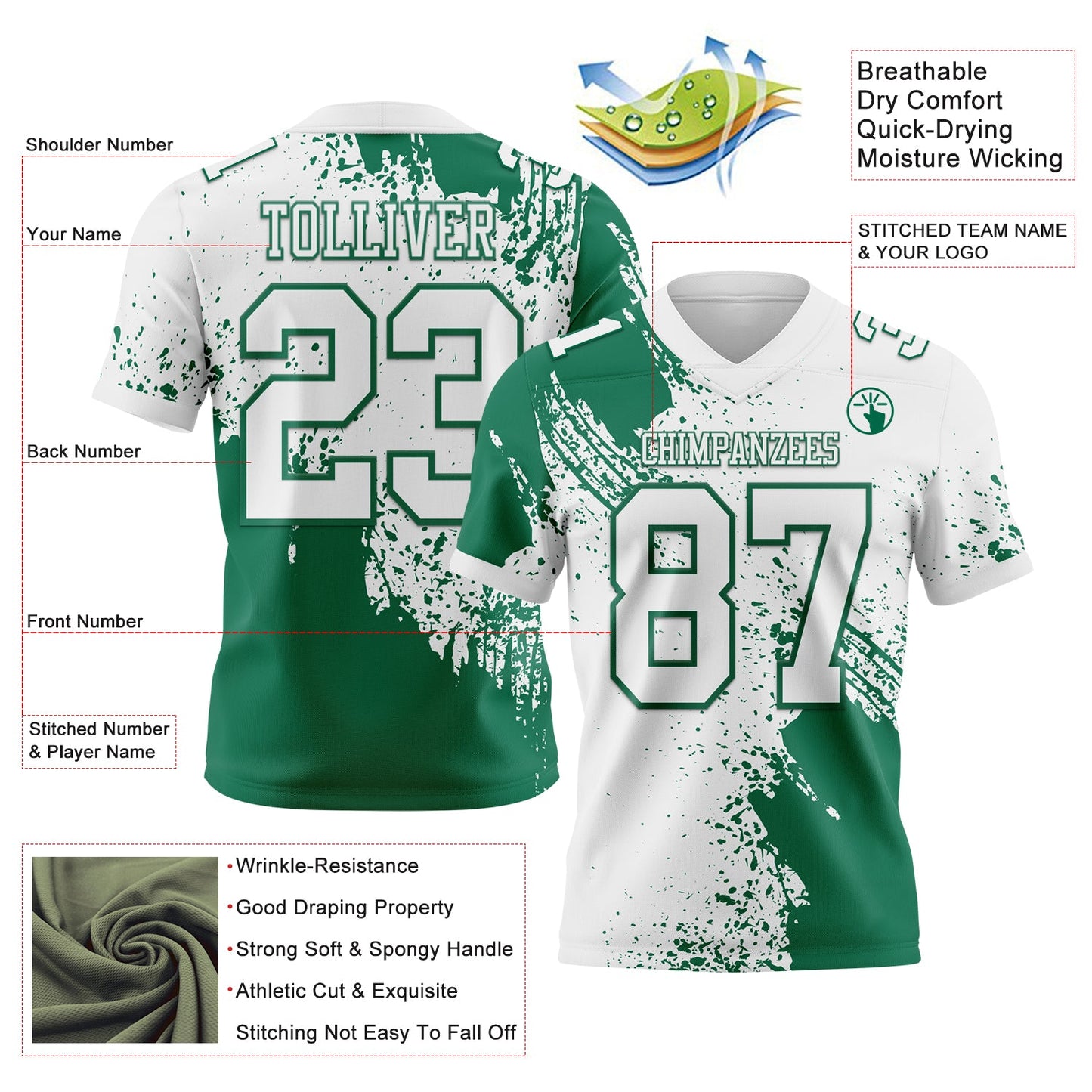 Custom White Kelly Green 3D Pattern Abstract Brush Stroke Mesh Authentic Football Jersey - Sky-Custom