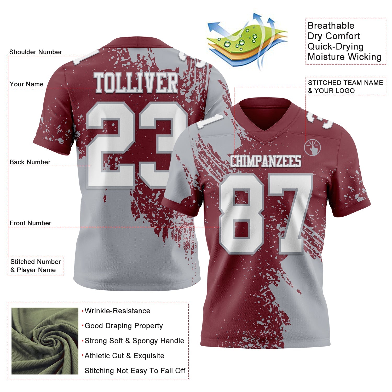 Custom Burgundy White-Gray 3D Pattern Abstract Brush Stroke Mesh Authentic Football Jersey - Sky-Custom
