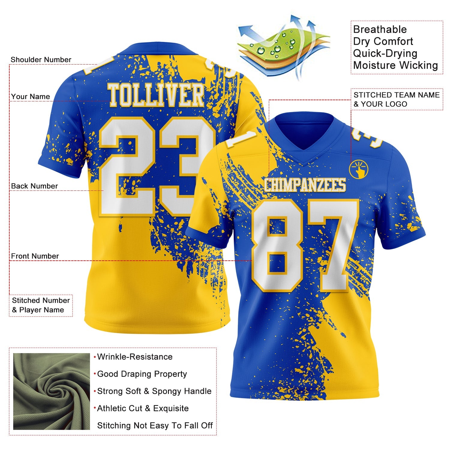 Custom Thunder Blue White-Yellow 3D Pattern Abstract Brush Stroke Mesh Authentic Football Jersey - Sky-Custom