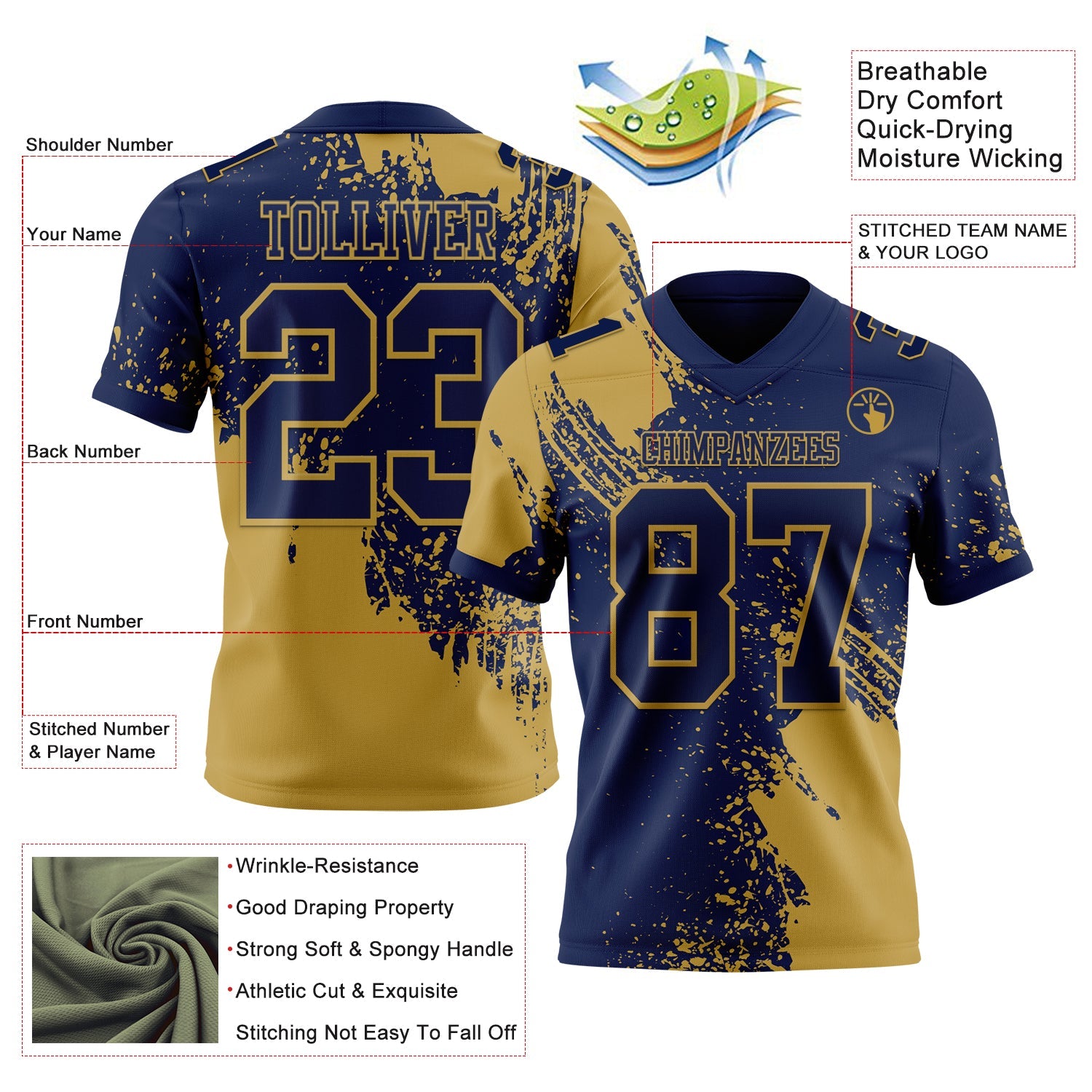 Custom Navy Old Gold 3D Pattern Abstract Brush Stroke Mesh Authentic Football Jersey - Sky-Custom