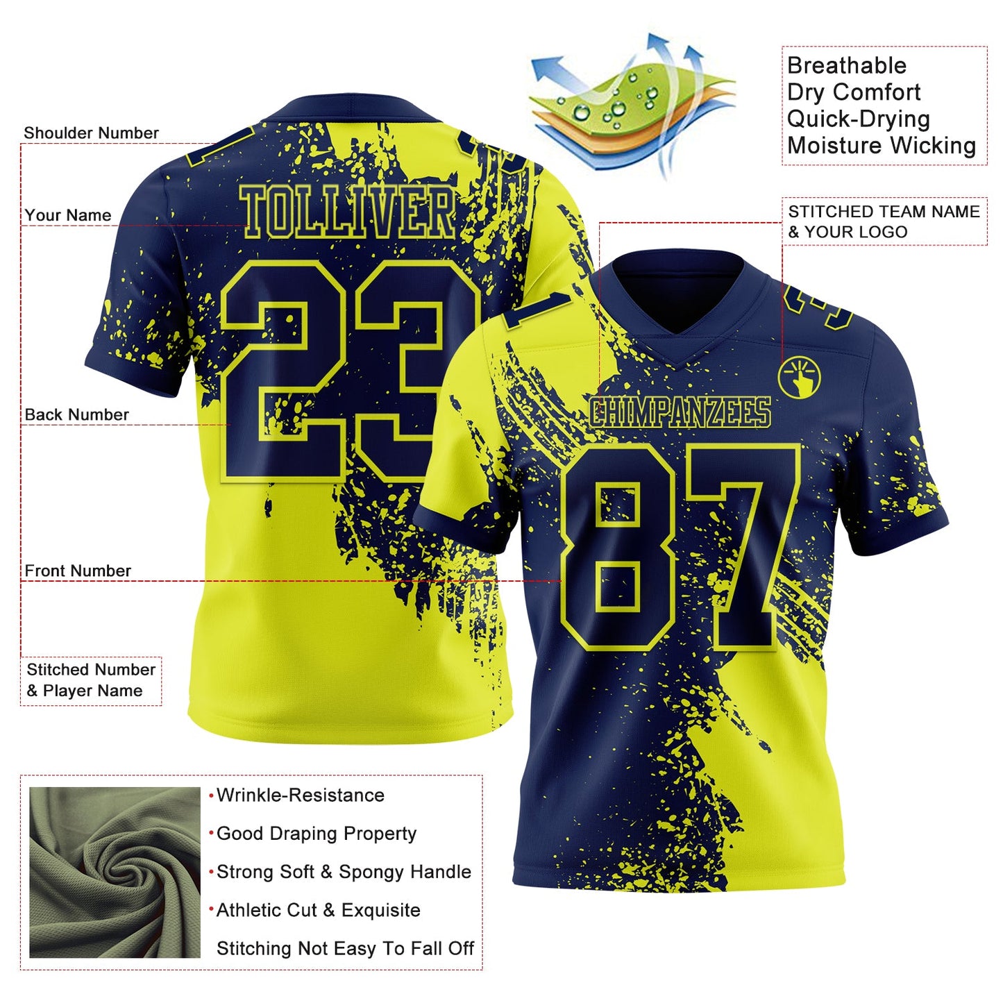 Custom Navy Neon Yellow 3D Pattern Abstract Brush Stroke Mesh Authentic Football Jersey - Sky-Custom