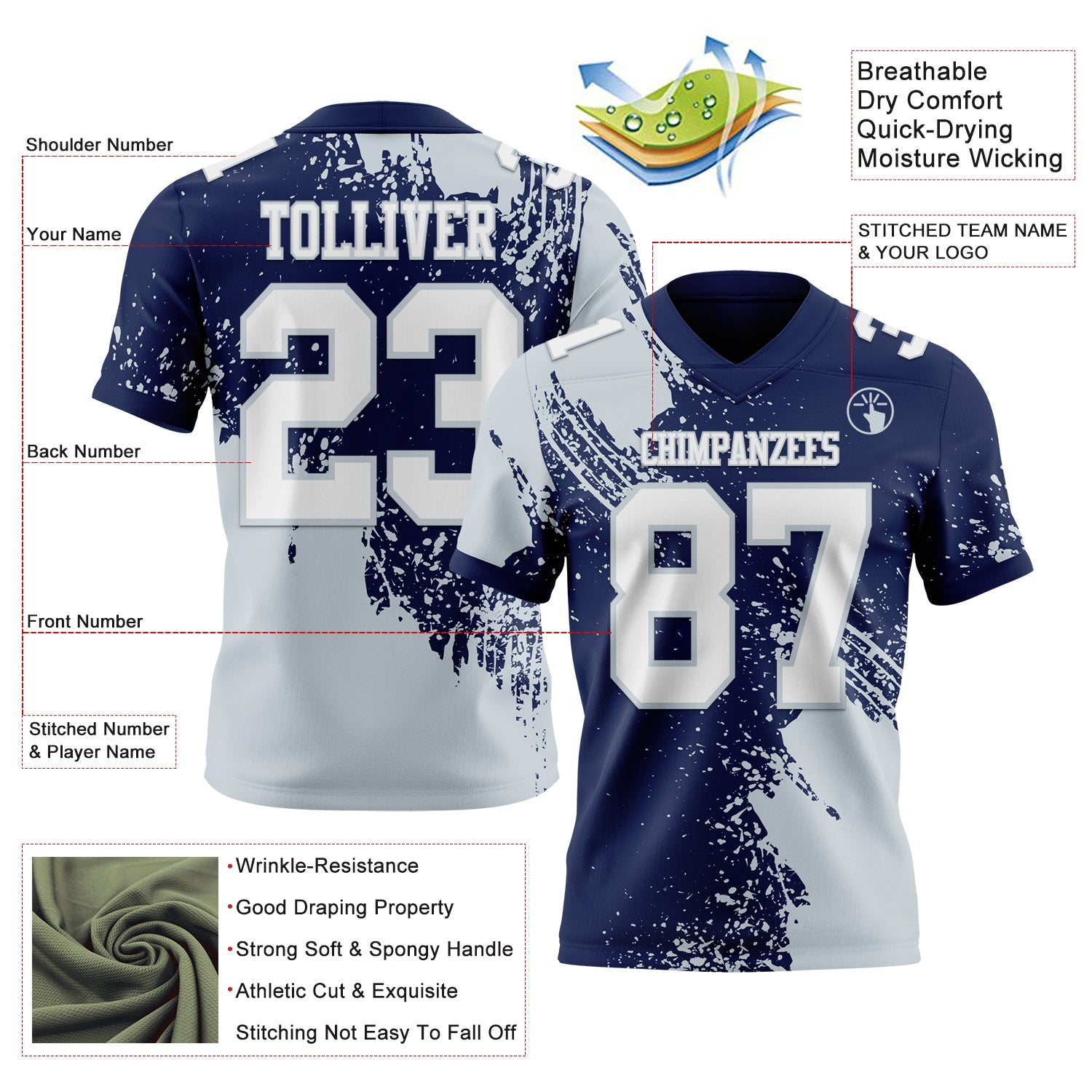 Custom Navy White-Silver 3D Pattern Abstract Brush Stroke Mesh Authentic Football Jersey - Sky-Custom