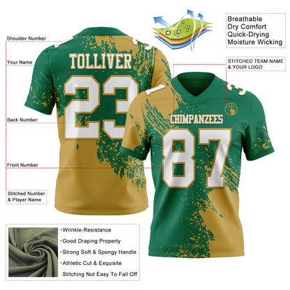 Custom Kelly Green White-Old Gold 3D Pattern Abstract Brush Stroke Mesh Authentic Football Jersey - Sky-Custom