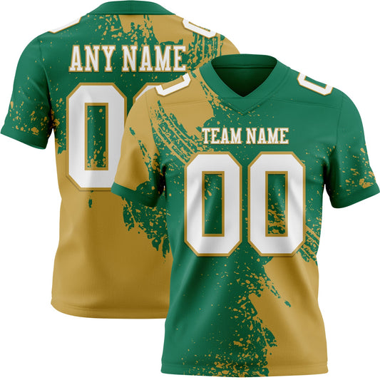 Custom Kelly Green White-Old Gold 3D Pattern Abstract Brush Stroke Mesh Authentic Football Jersey - Sky-Custom