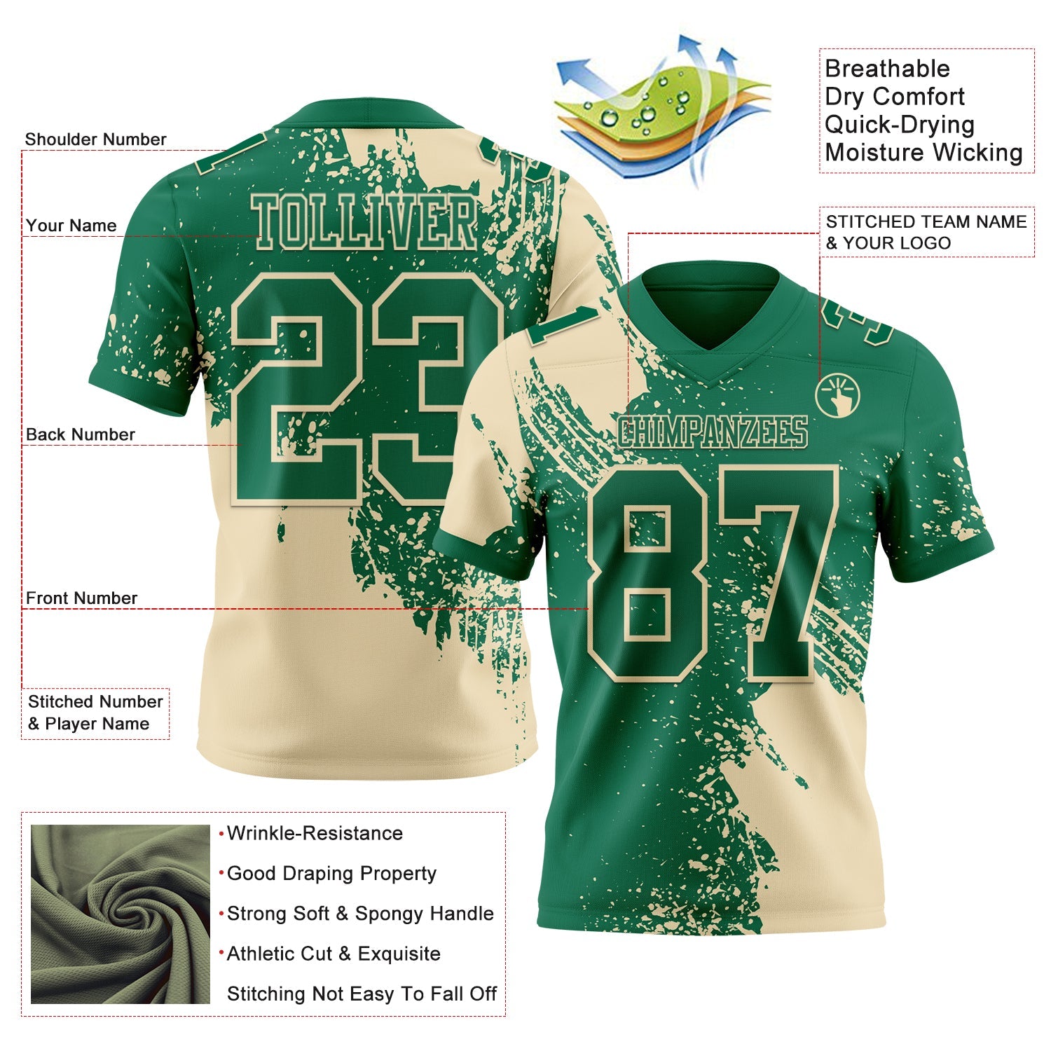 Custom Kelly Green Cream 3D Pattern Abstract Brush Stroke Mesh Authentic Football Jersey - Sky-Custom