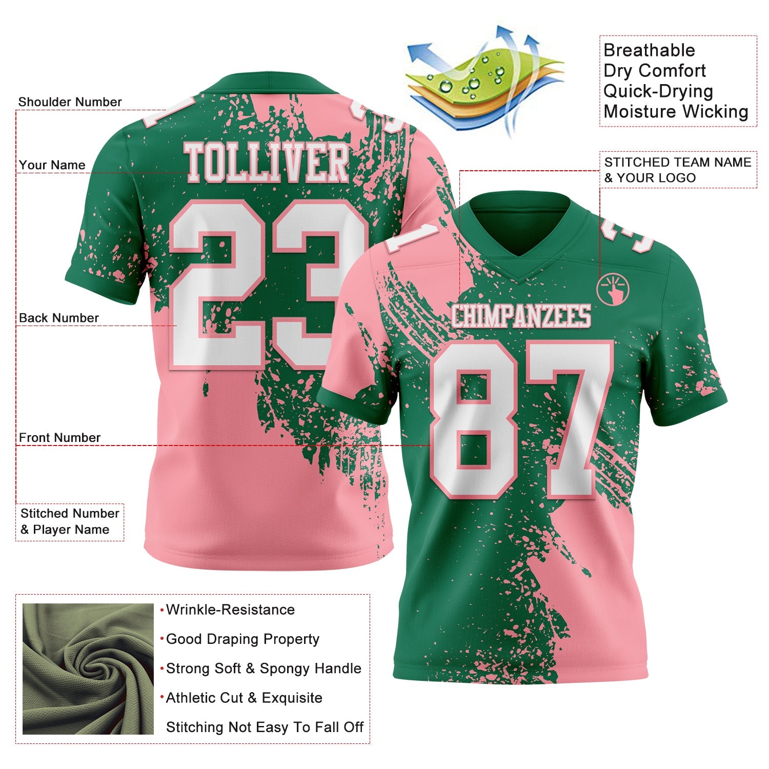 Custom Kelly Green White-Medium Pink 3D Pattern Abstract Brush Stroke Mesh Authentic Football Jersey - Sky-Custom