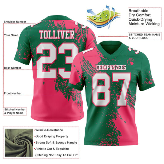 Custom Kelly Green White-Neon Pink 3D Pattern Abstract Brush Stroke Mesh Authentic Football Jersey - Sky-Custom