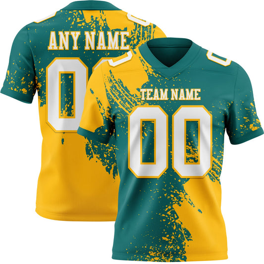 Custom Teal White-Gold 3D Pattern Abstract Brush Stroke Mesh Authentic Football Jersey - Sky-Custom