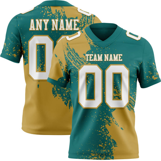 Custom Teal White-Old Gold 3D Pattern Abstract Brush Stroke Mesh Authentic Football Jersey - Sky-Custom