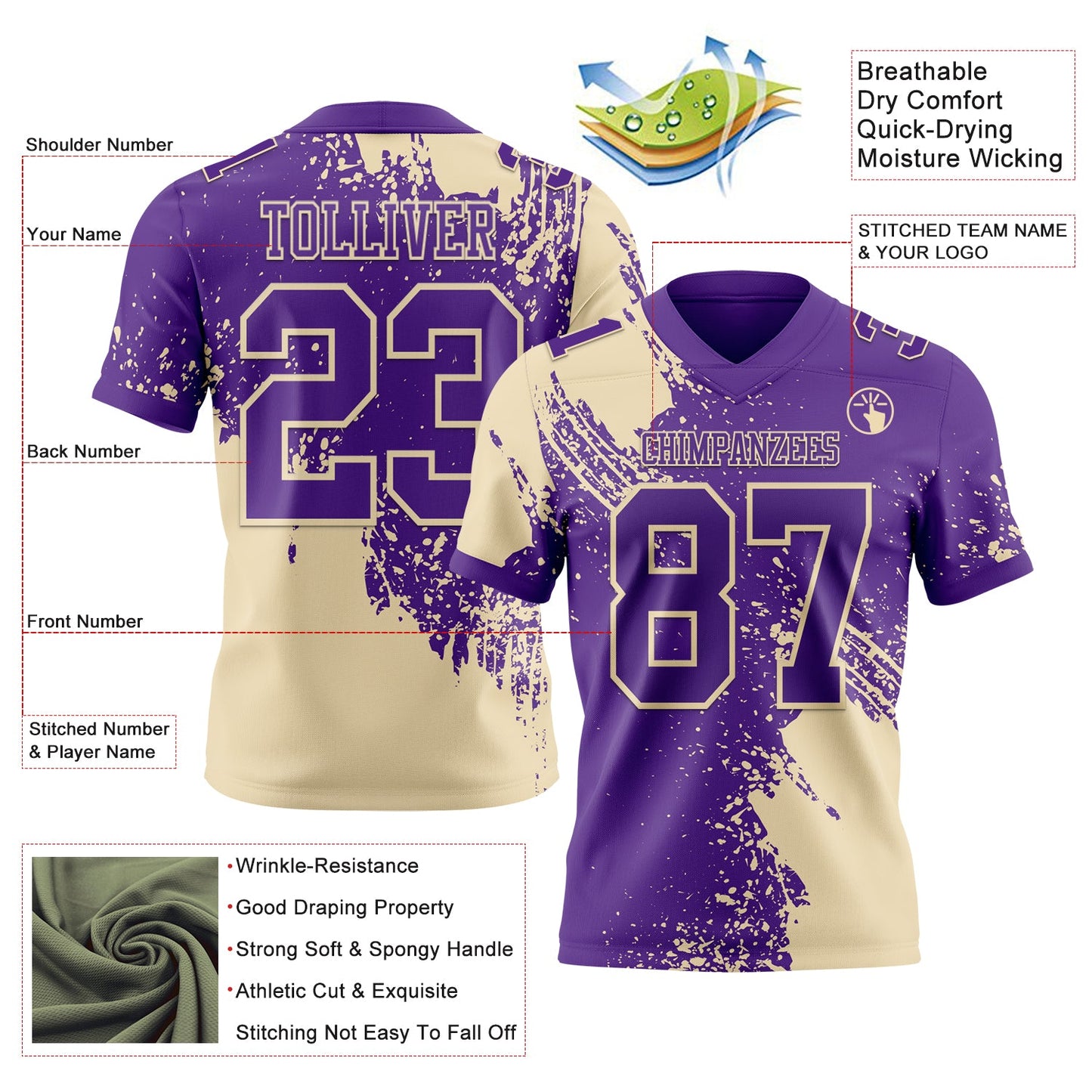 Custom Purple Cream 3D Pattern Abstract Brush Stroke Mesh Authentic Football Jersey - Sky-Custom