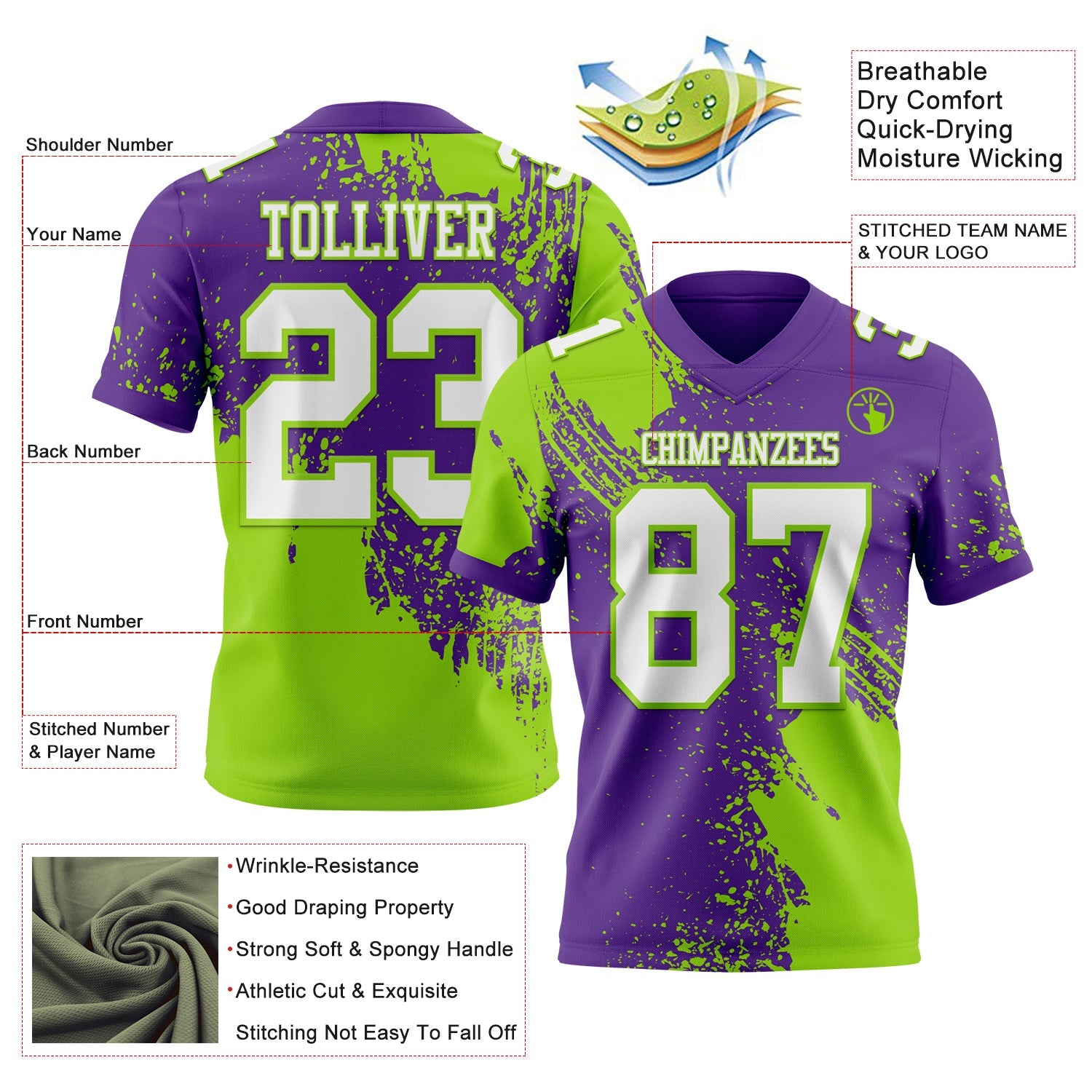 Custom Purple White-Neon Green 3D Pattern Abstract Brush Stroke Mesh Authentic Football Jersey - Sky-Custom