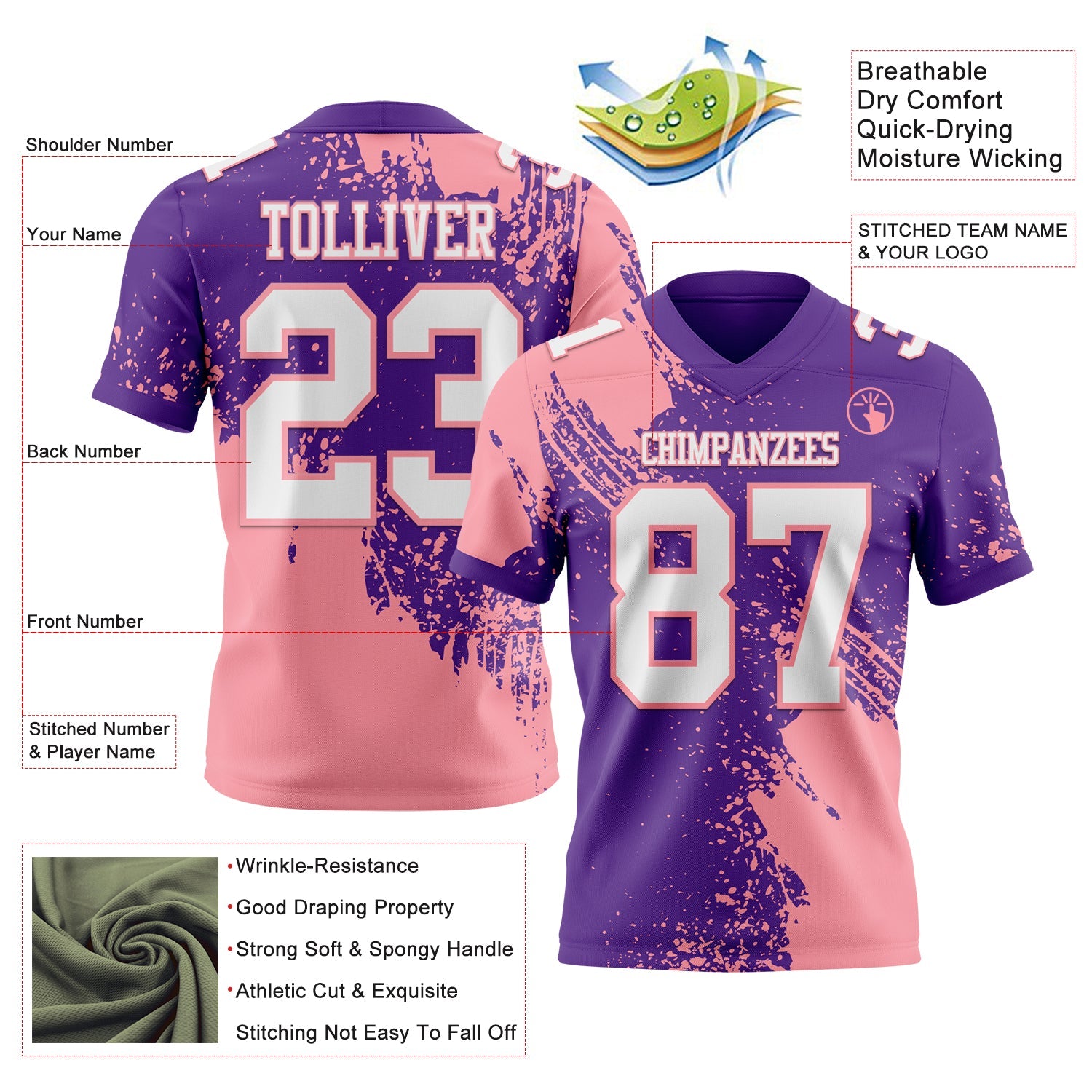 Custom Purple White-Medium Pink 3D Pattern Abstract Brush Stroke Mesh Authentic Football Jersey - Sky-Custom