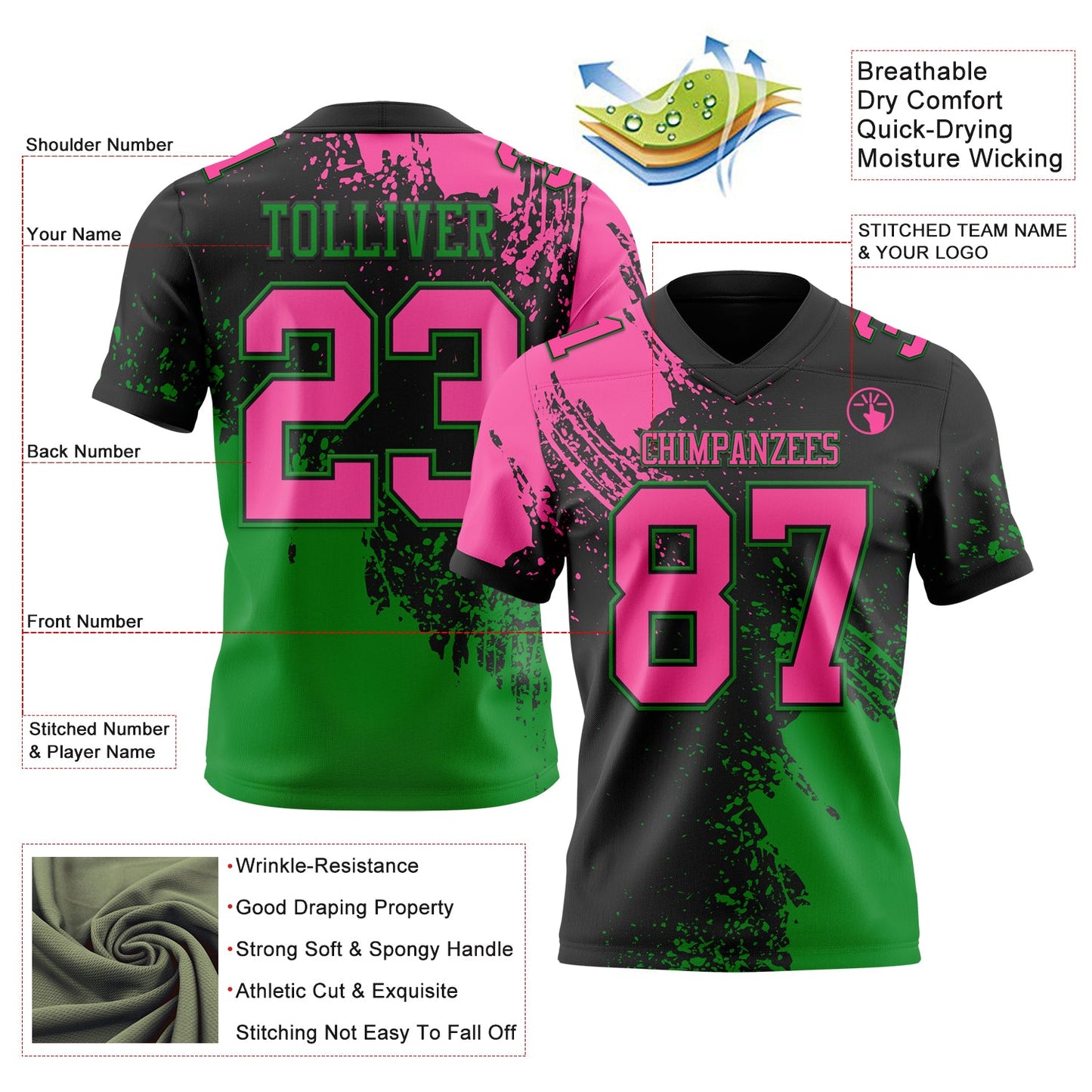 Custom Black Pink-Grass Green 3D Pattern Abstract Brush Stroke Mesh Authentic Football Jersey - Sky-Custom