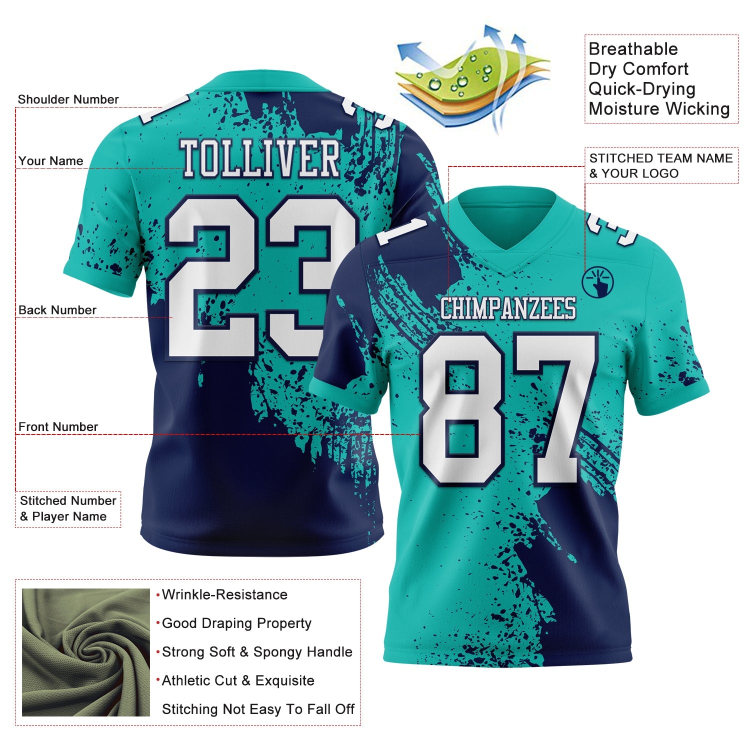 Custom Aqua White-Navy 3D Pattern Abstract Brush Stroke Mesh Authentic Football Jersey - Sky-Custom