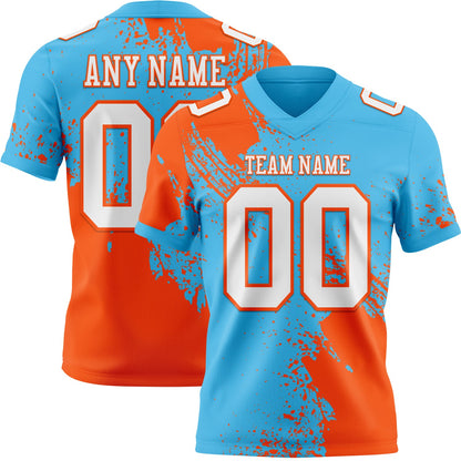 Custom Sky Blue White-Orange 3D Pattern Abstract Brush Stroke Mesh Authentic Football Jersey - Sky-Custom