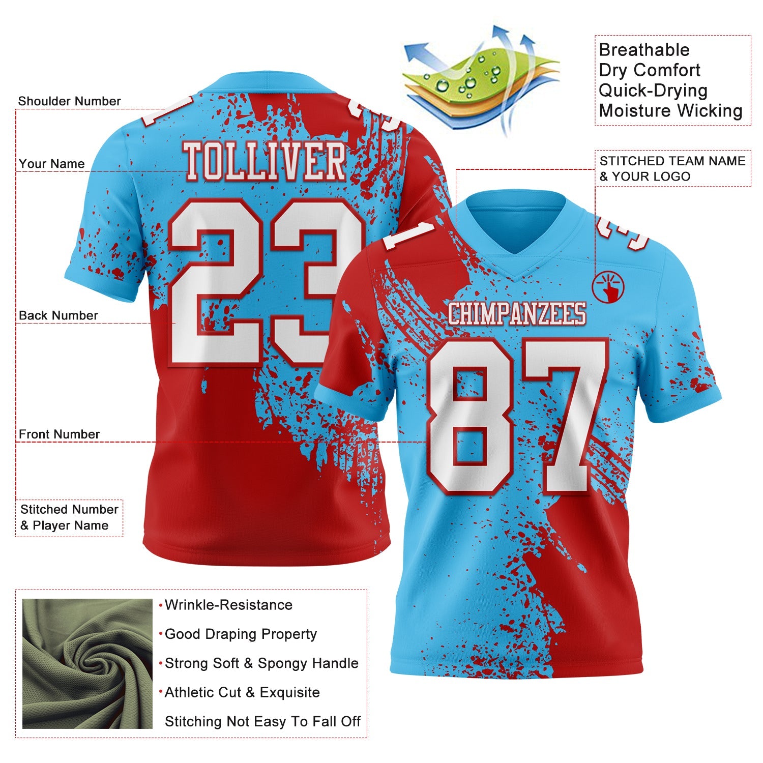 Custom Sky Blue White-Red 3D Pattern Abstract Brush Stroke Mesh Authentic Football Jersey - Sky-Custom