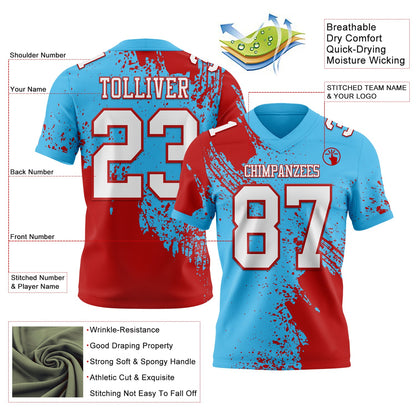 Custom Sky Blue White-Red 3D Pattern Abstract Brush Stroke Mesh Authentic Football Jersey - Sky-Custom