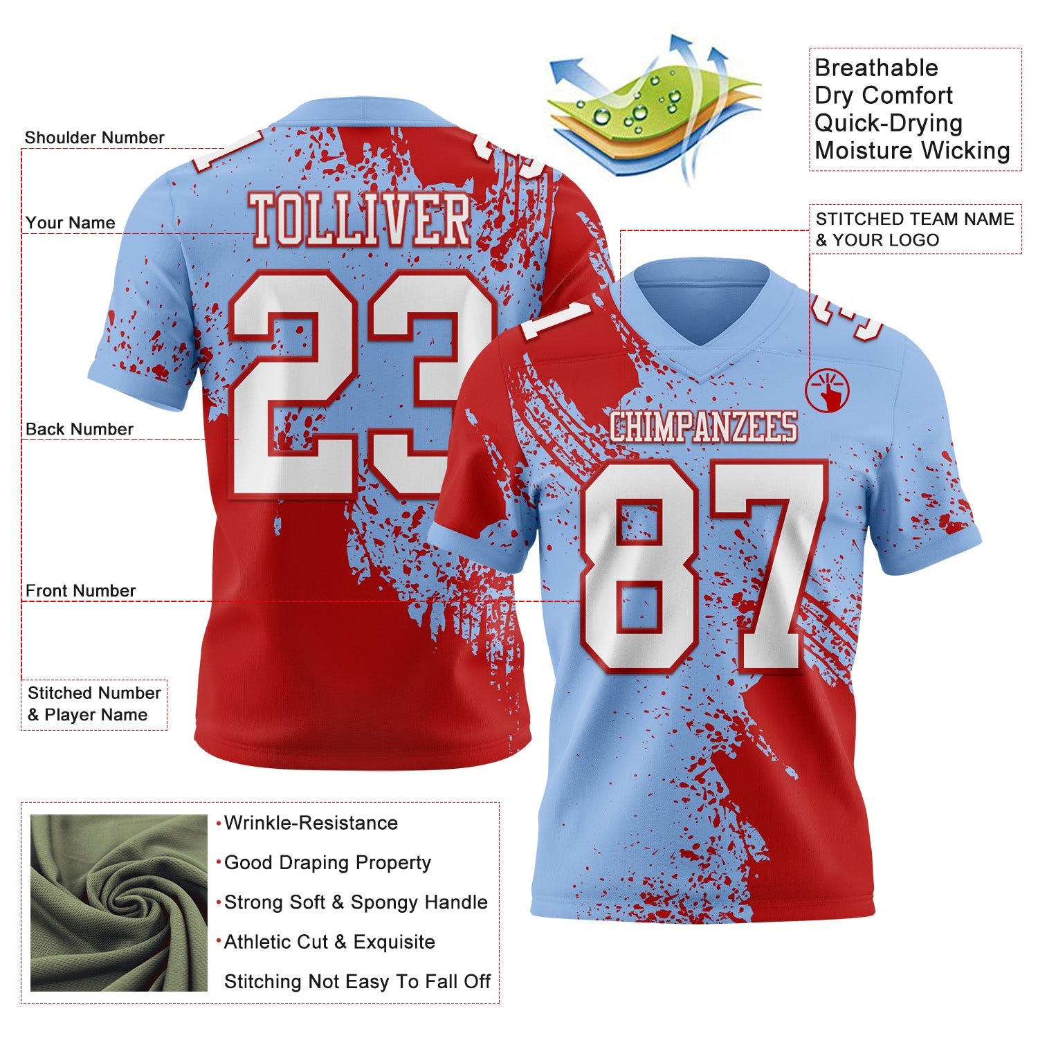 Custom Light Blue White-Red 3D Pattern Abstract Brush Stroke Mesh Authentic Football Jersey - Sky-Custom