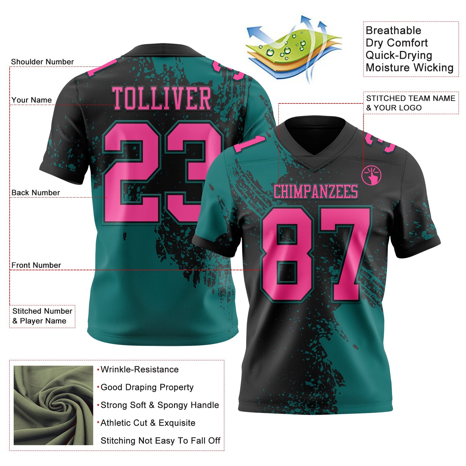 Custom Black Pink-Teal 3D Pattern Abstract Brush Stroke Mesh Authentic Football Jersey - Sky-Custom