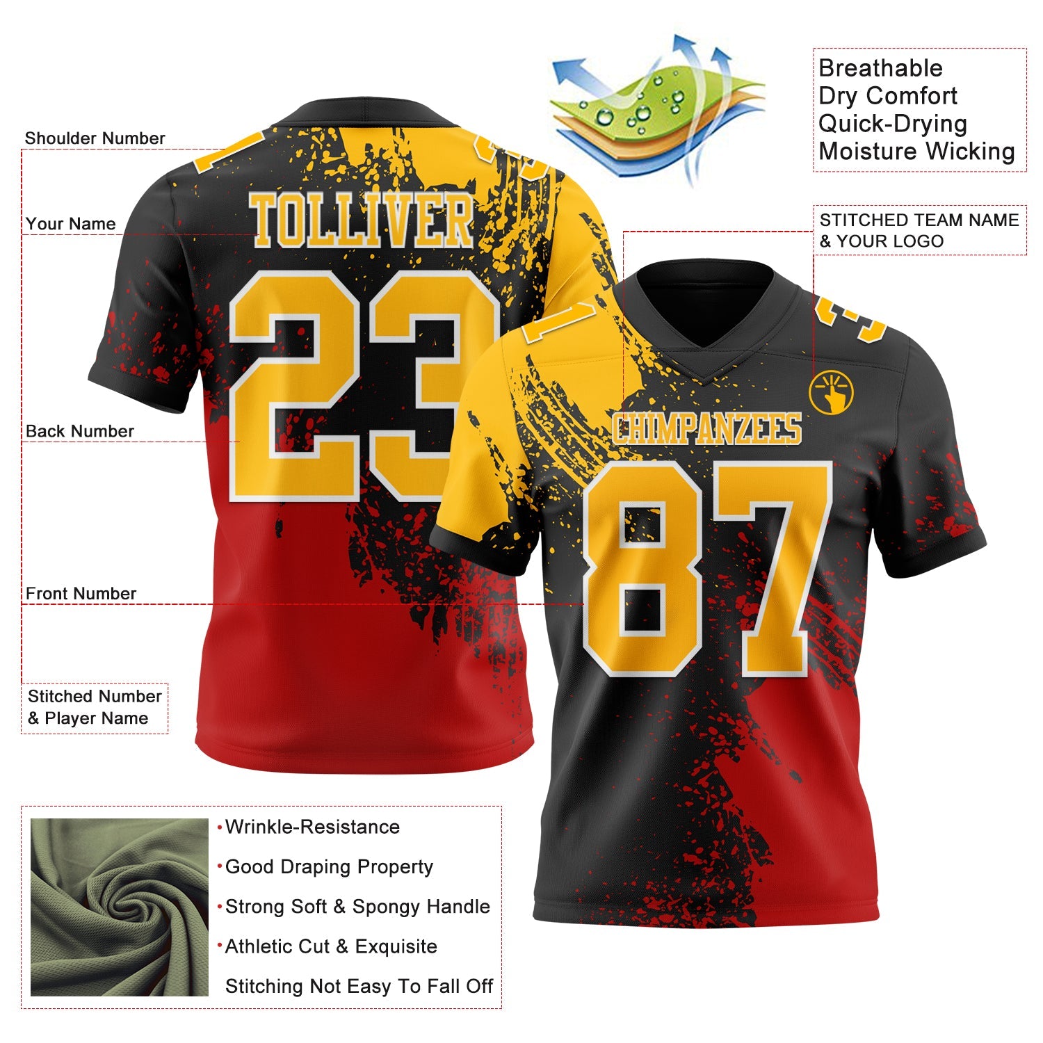 Custom Black Gold Red-White 3D Pattern Abstract Brush Stroke Mesh Authentic Football Jersey - Sky-Custom