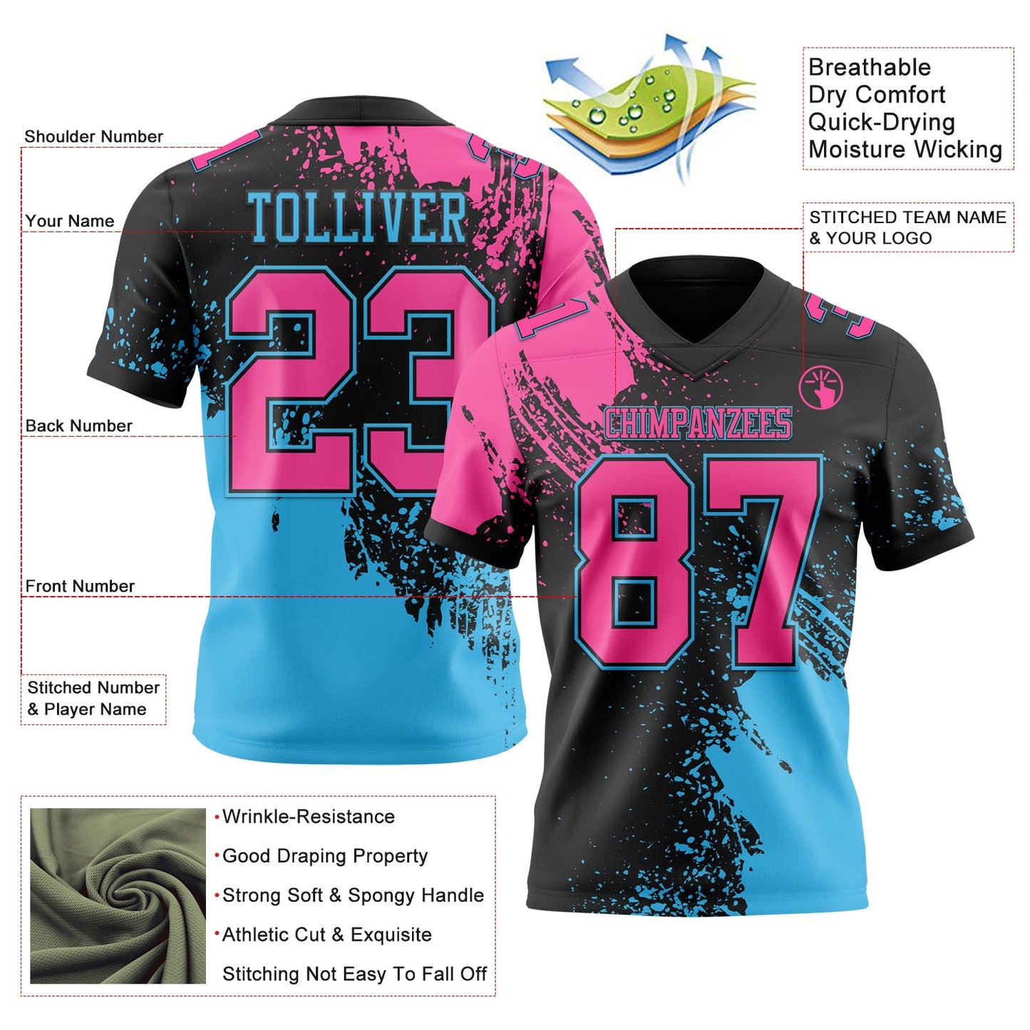 Custom Black Pink-Sky Blue 3D Pattern Abstract Brush Stroke Mesh Authentic Football Jersey - Sky-Custom