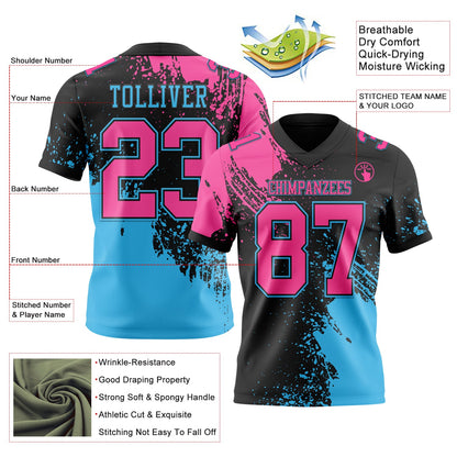 Custom Black Pink-Sky Blue 3D Pattern Abstract Brush Stroke Mesh Authentic Football Jersey - Sky-Custom