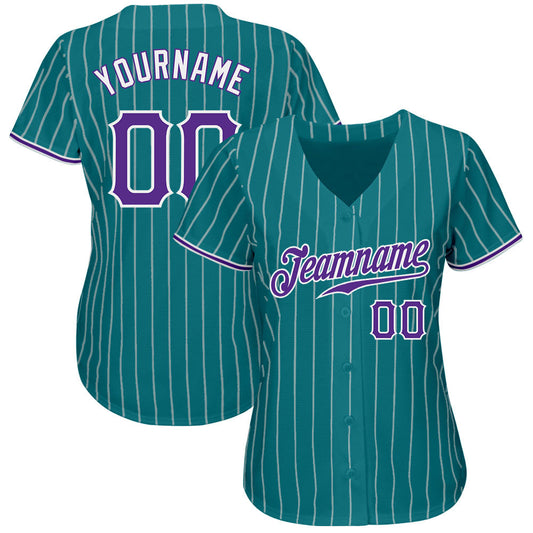 Custom Teal White Pinstripe Purple-White Authentic Baseball Jersey - Sky-Custom