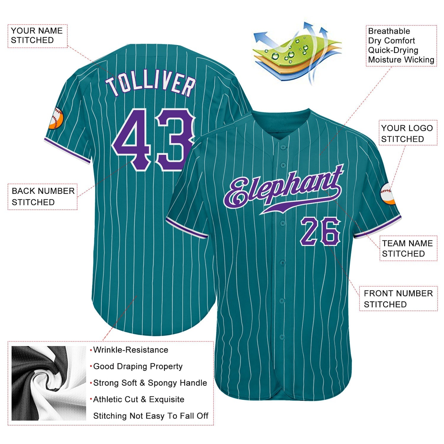 Custom Teal White Pinstripe Purple-White Authentic Baseball Jersey - Sky-Custom