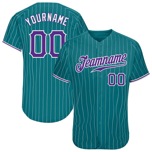 Custom Teal White Pinstripe Purple-White Authentic Baseball Jersey - Sky-Custom