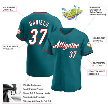 Custom Teal White-Red Authentic Baseball Jersey - Sky-Custom
