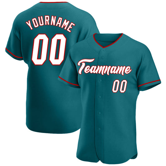 Custom Teal White-Red Authentic Baseball Jersey - Sky-Custom