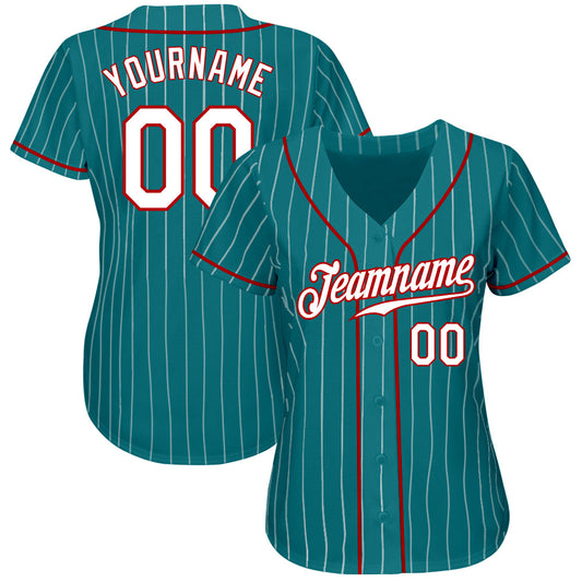 Custom Teal White Pinstripe White-Red Authentic Baseball Jersey - Sky-Custom