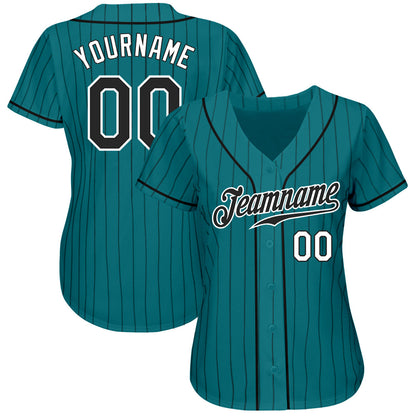 Custom Teal Black Pinstripe Black-White Authentic Baseball Jersey - Sky-Custom