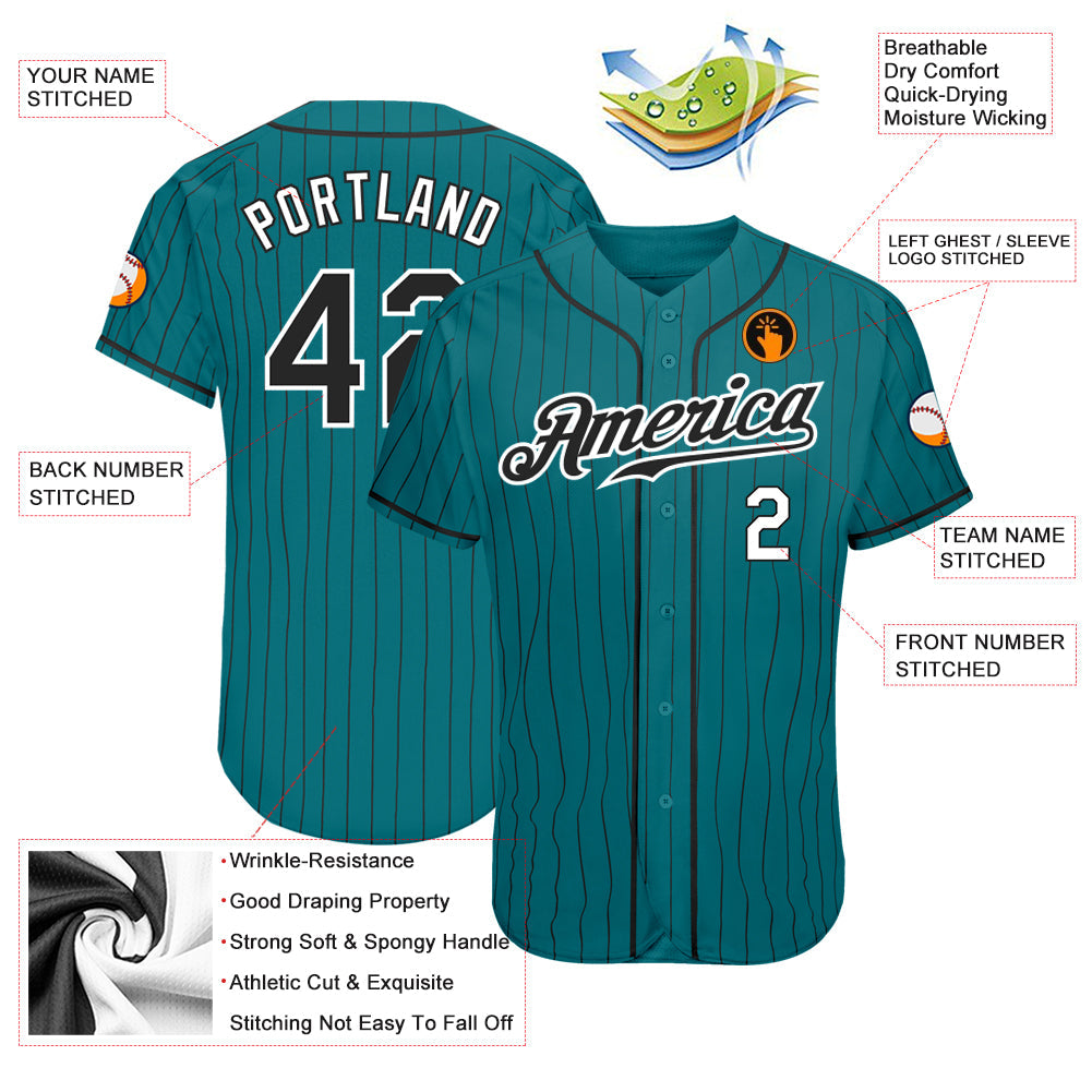 Custom Teal Black Pinstripe Black-White Authentic Baseball Jersey - Sky-Custom