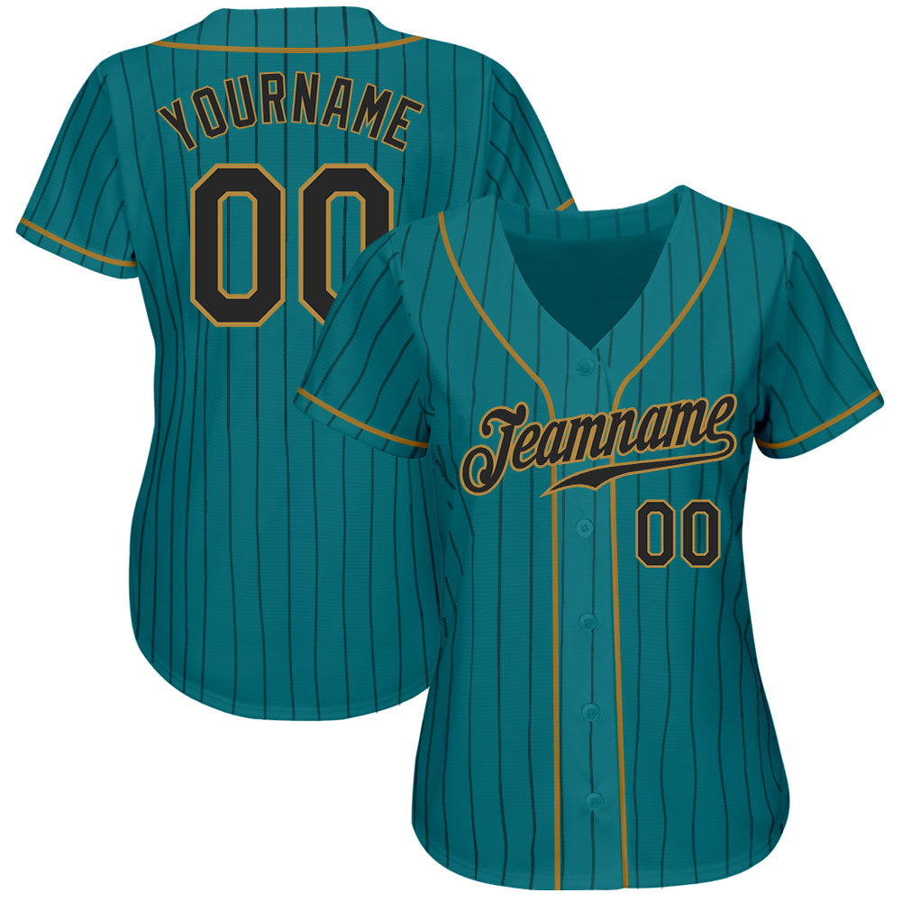 Custom Teal Black Pinstripe Black-Old Gold Authentic Baseball Jersey - Sky-Custom