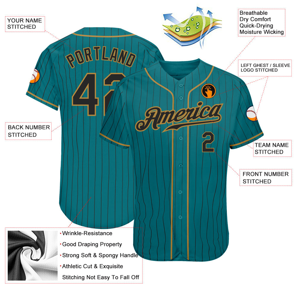 Custom Teal Black Pinstripe Black-Old Gold Authentic Baseball Jersey - Sky-Custom